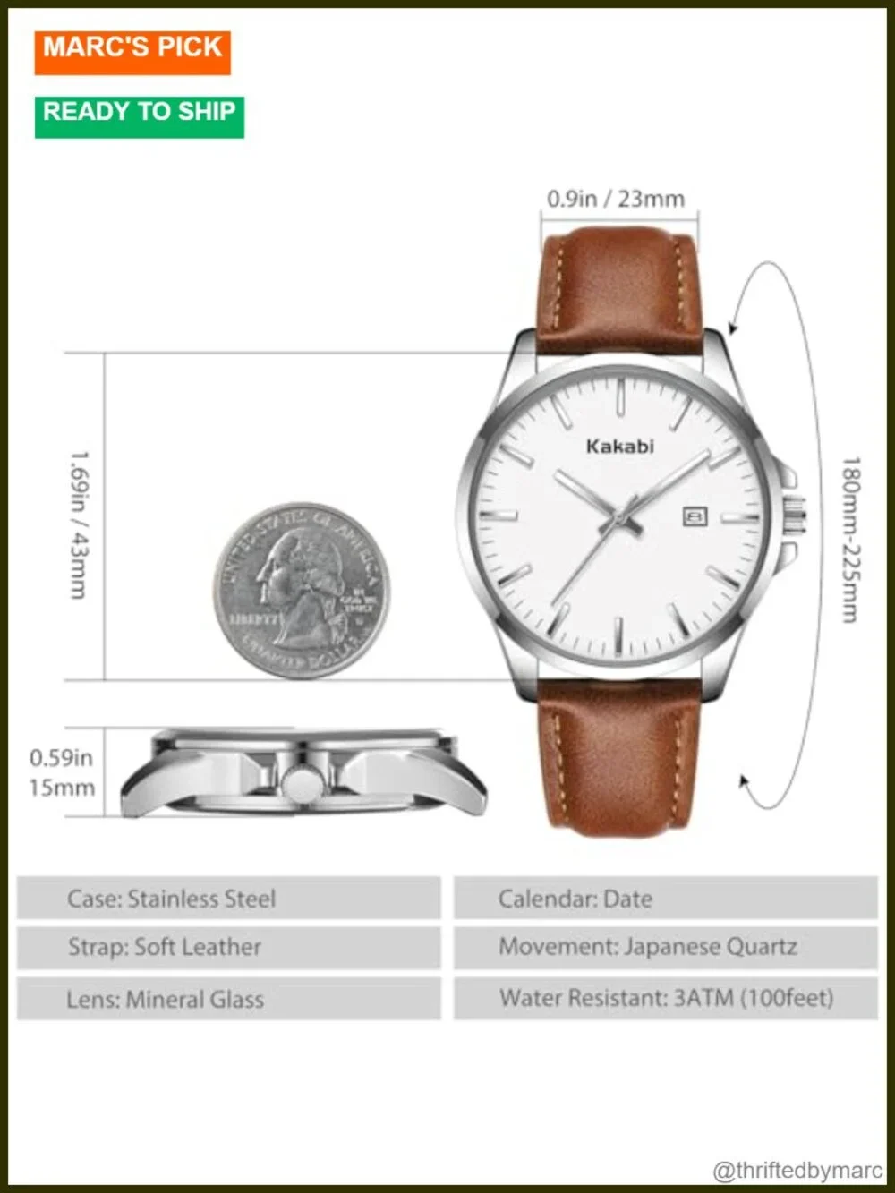 Men's Minimalist Leather Strap Watch with Date, Daily Waterproof, Classic